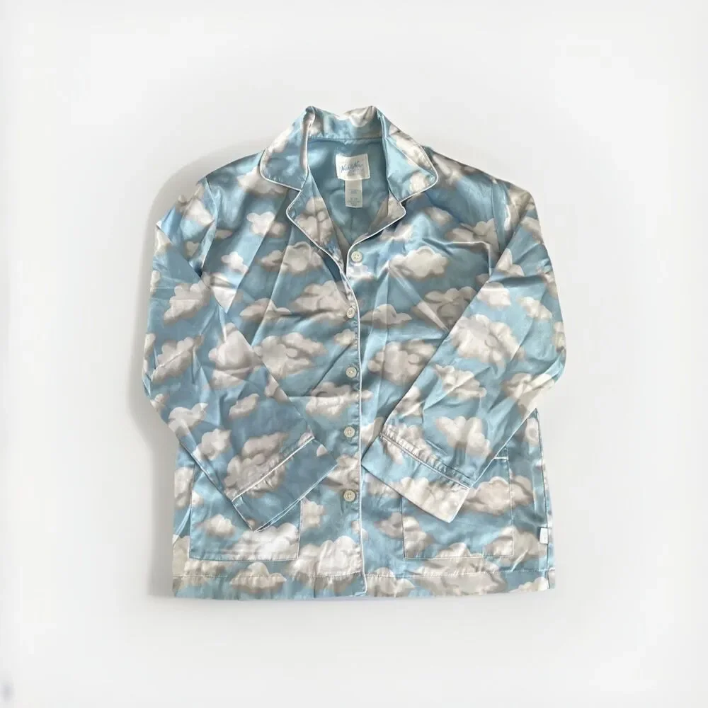 Nick and Nora Vintage Blue Cloud Print Satin Pajama Top Button Up Kids Sz M 7/8